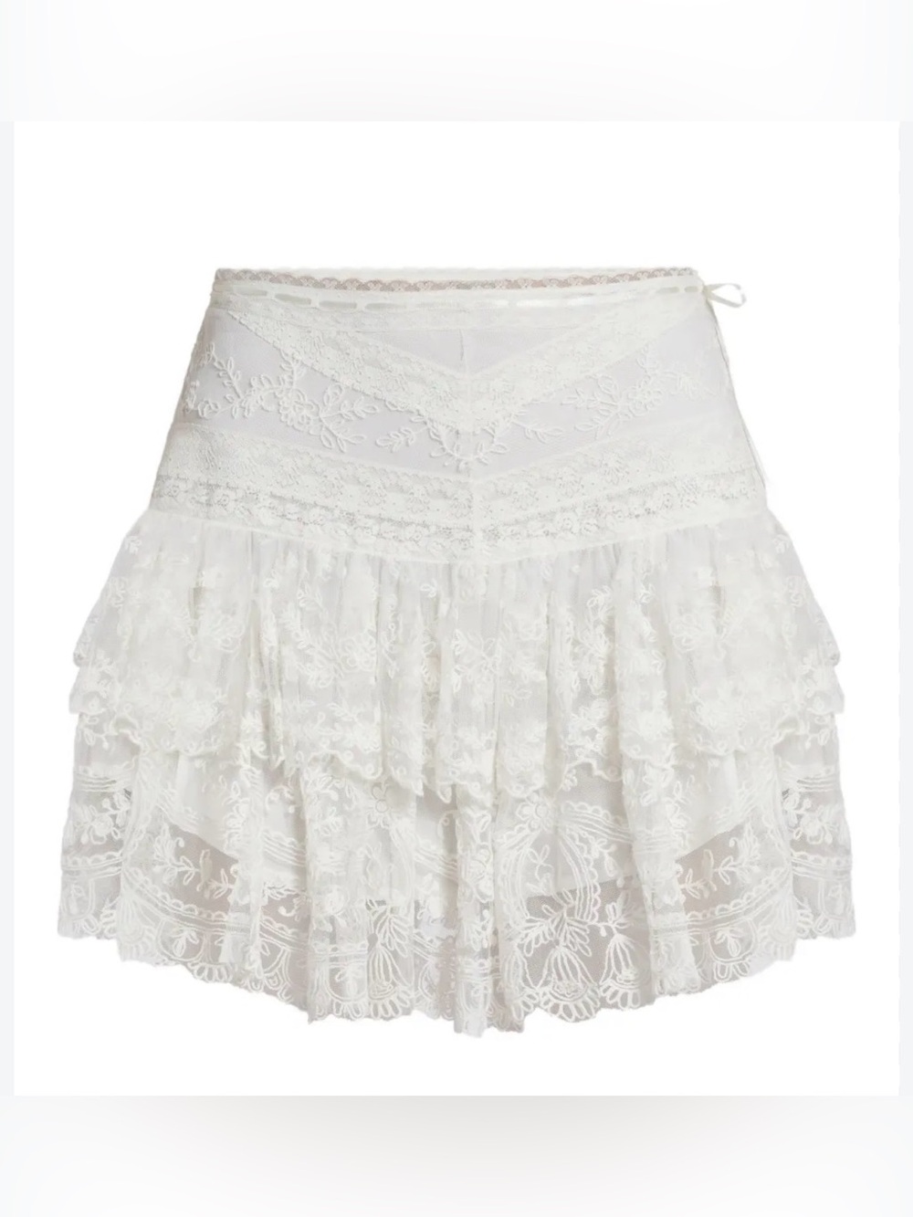 LoveShackFancy White Lace Tiered Mini Skirt